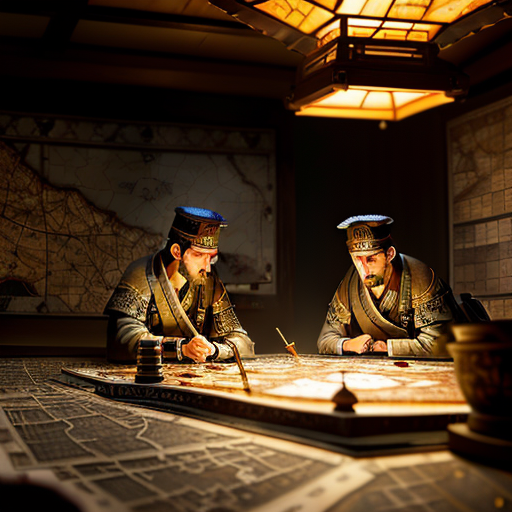 A smoky, dimly lit war room filled with detailed maps and intricate models; the samurais huddled together, their stoic faces bathed in the warm glow of a single hanging lantern.